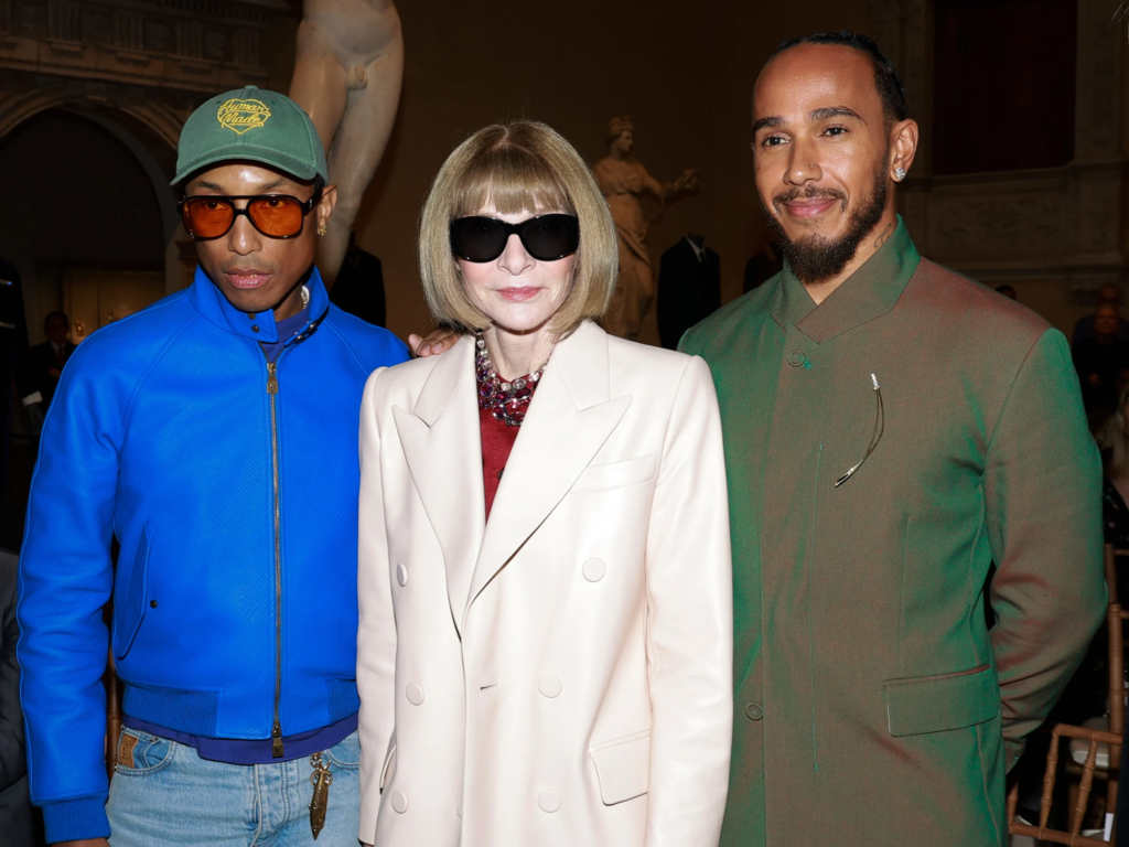 Pharrell Williams, Anna Wintour and Lewis Hamilton attend the Costume Institute’s Spring 2025 Exhibition press conference at Metropolitan Museum of Art on October 09, 2024 in New York City
